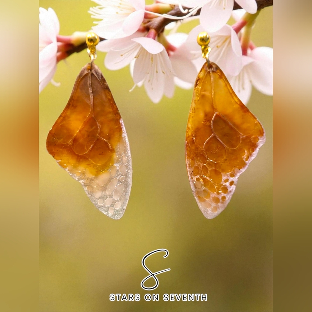 Handmade Gold and Brown Butterfly Wing Resin Earrings